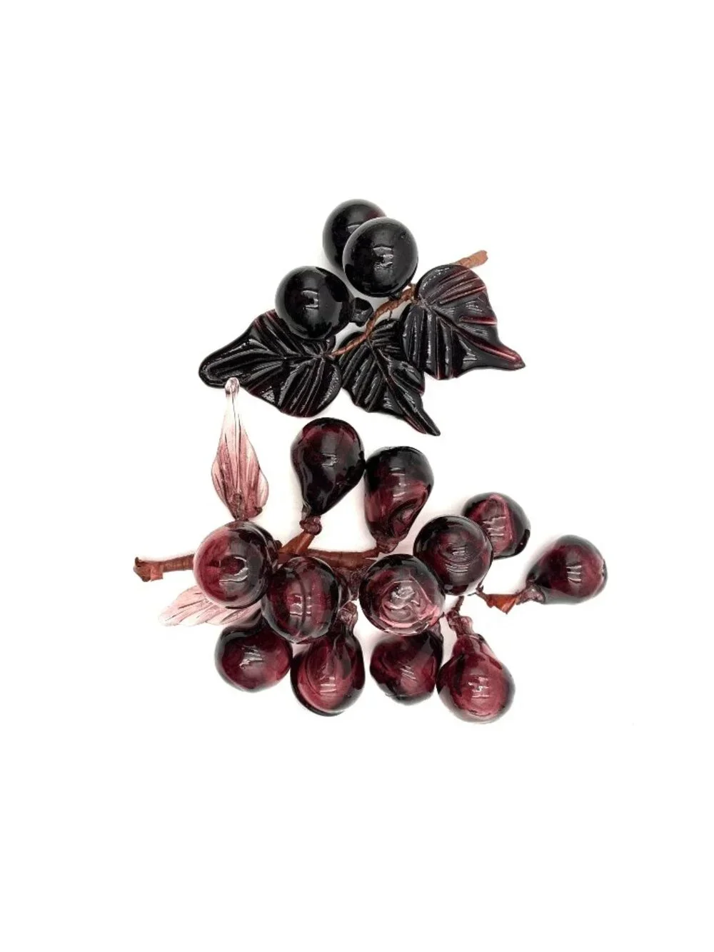 Vintage  Hand-Blown Glass Fruit Clusters Burgundy Grapes and Leaves MCM Decor
